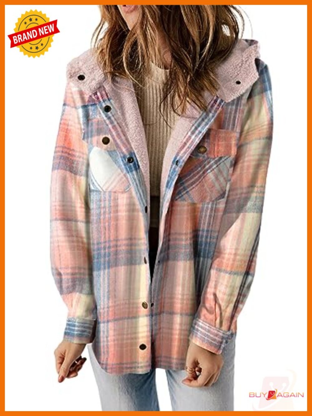 Plaid Hooded Fleece Lined Shacket Button Front Loose Fit Winter Coat